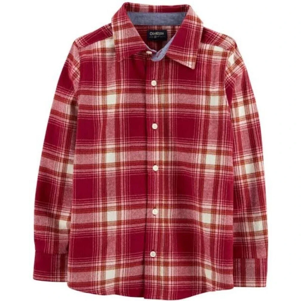 New OSHKOSH B'GOSH Kid's Cozy Flannel Button-Front Checked Shirt in Red size 5.